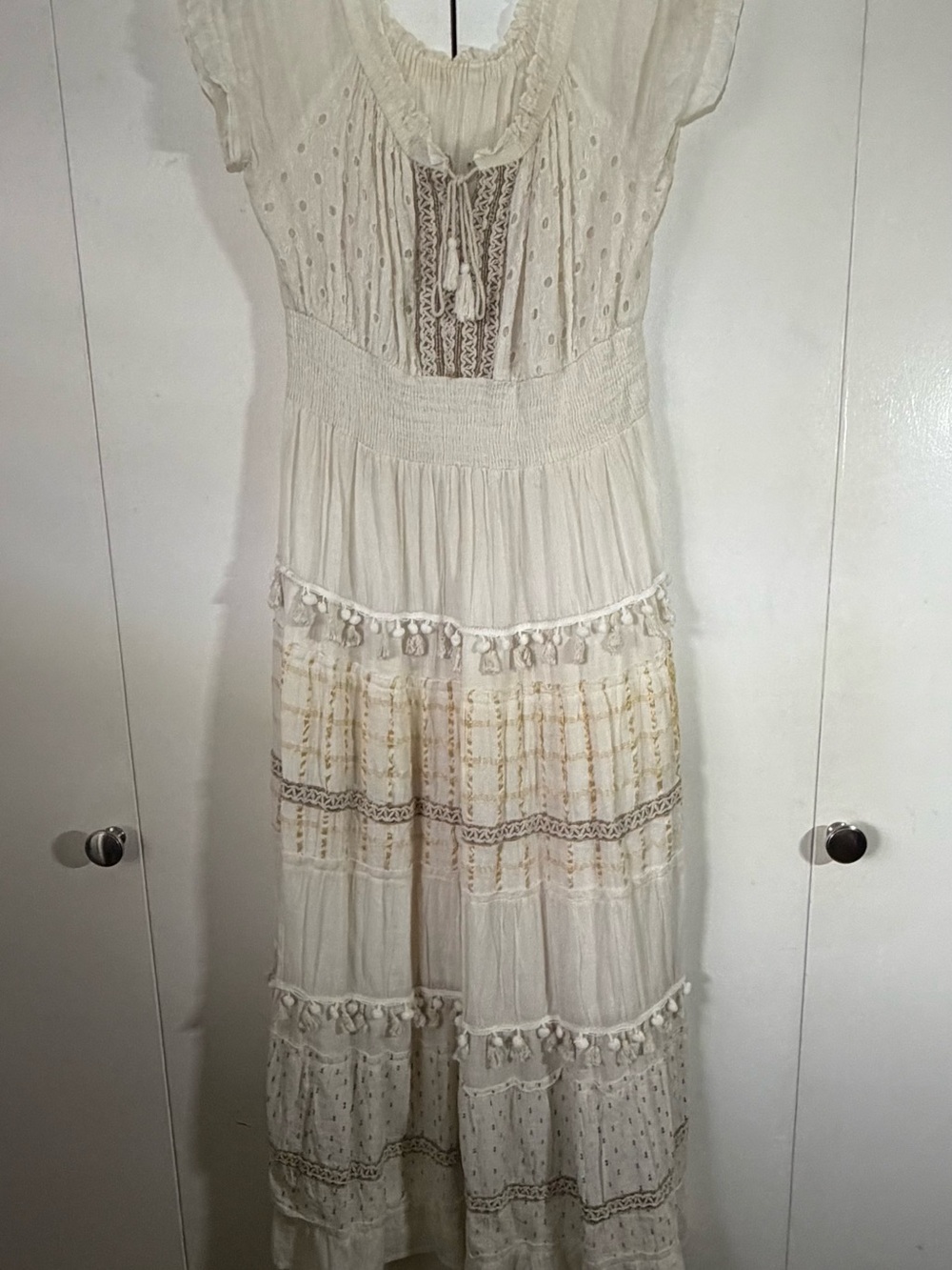 Bohemian Cream Maxi Dress with Tassel Trim